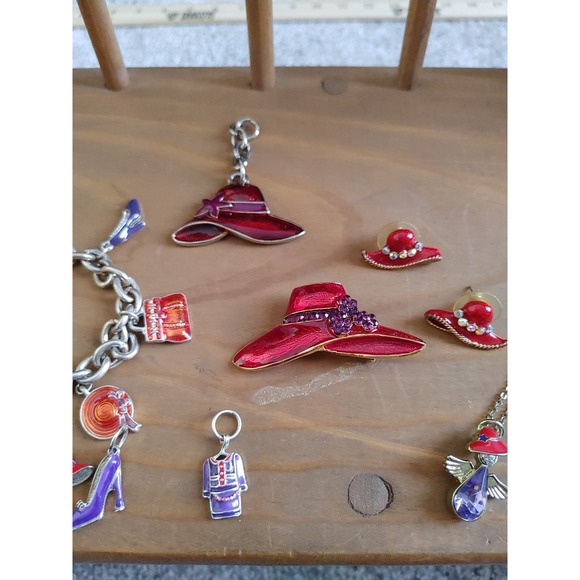 Mixed Lot Red Hat Society Jewelry Necklace Brooch Costume Stud Angel Charms Rhin - Picture 3 of 6